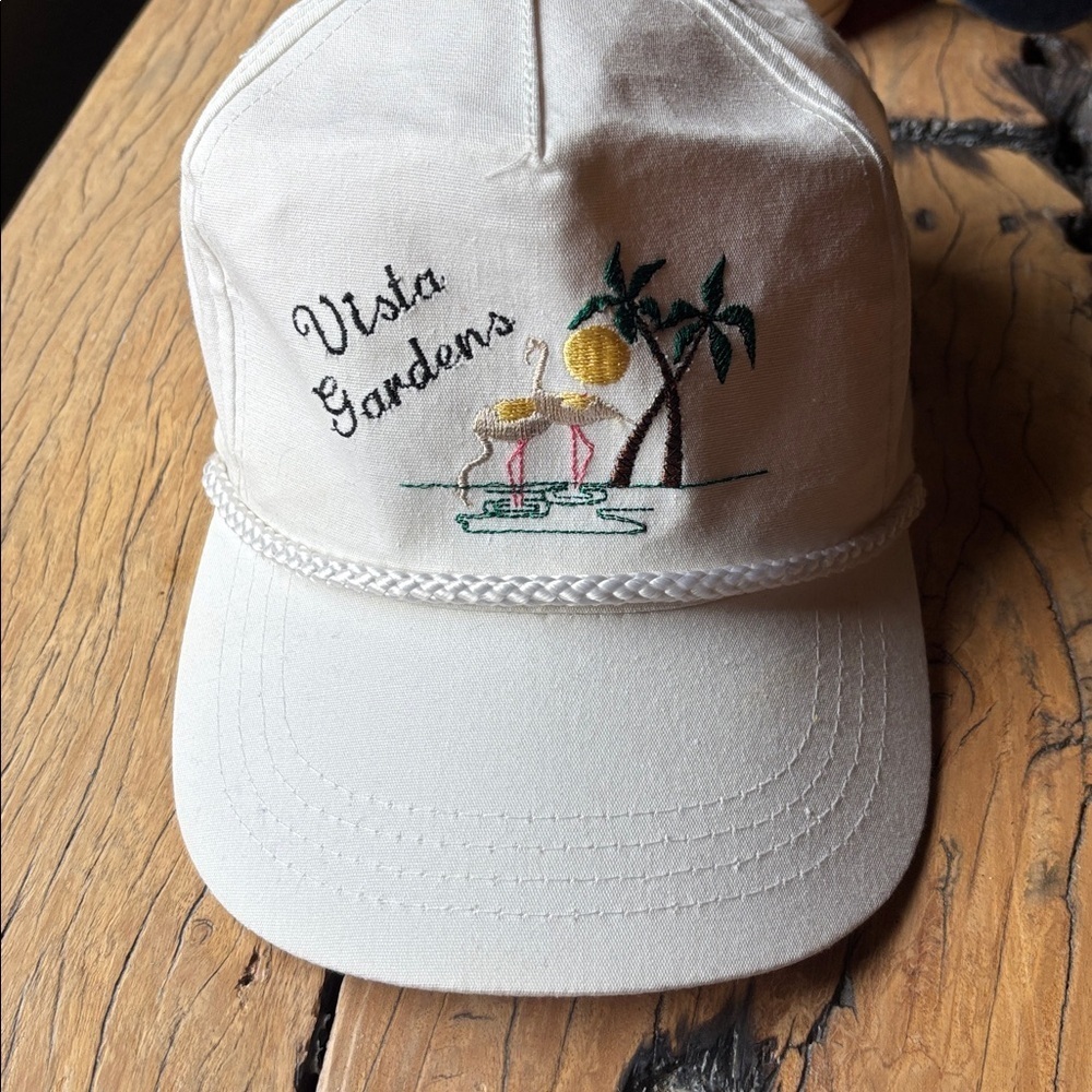 Vintage 80s White Vista Gardens Cap with Embroidered Flamingo Palm Trees